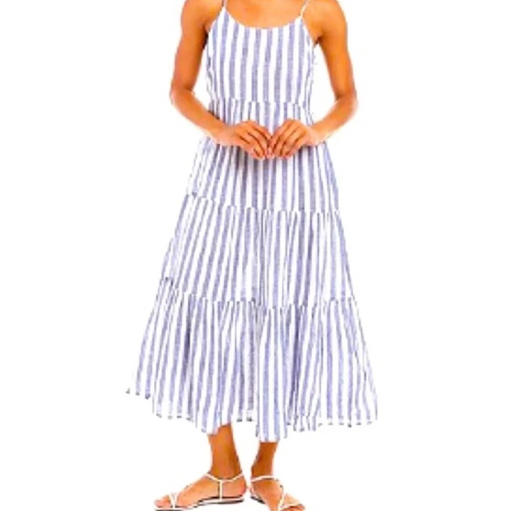 Beach Lunch Lounge Lana Striped Maxi Linen Dress Tiered Smocked Bodice XL - Picture 1 of 9